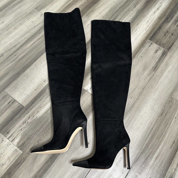 NWT Good American Suede Over the Knee Slouch Boot Women's Black Size 5.5 - Picture 2 of 6